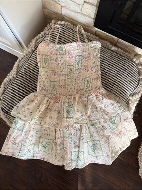 art class Cream Floral Tiered Sundress with Pink and Green Accents